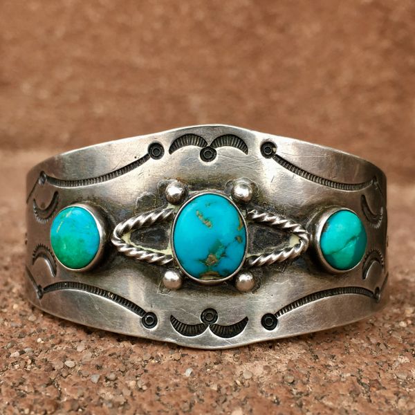 SOLD 1930s SILVER STAMPED 3 MOSTLY BLUE TURQUOISE STONE CUFF