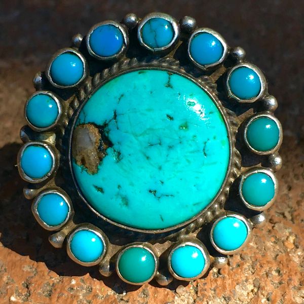 SOLD 1930s JUMBO INGOT SILVER 15 ROUND BLUE STONE BLUE TURQUOISE RING