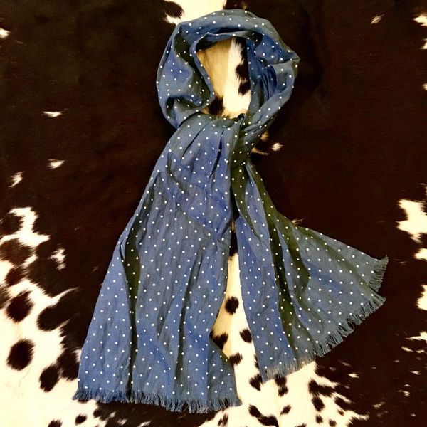 SOLD 100% EUROPEAN LINEN POLKA DOT LIGHT BLUE LONG THIN SCARF