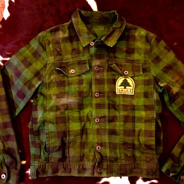 SOLD JAPANESE POSSIBLY FORESTRY SERVICE THIN BUFFALO PLAID GREEN & BLACK FADED 100% COTTON SHIRT JACKET