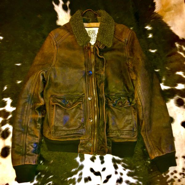 SOLD EXTINCT BRAND RUEHL 925 (A&F) COTTON PLAID LINED LEATHER BOMBER JACKET  WITH CARGO POCKETS