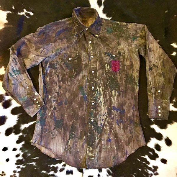 SOLD DISTRESSED, PAINTED & STAINED STRIPED DENIM PEARL SNAP WESTERN SHIRT WITH COLORADO PATCH