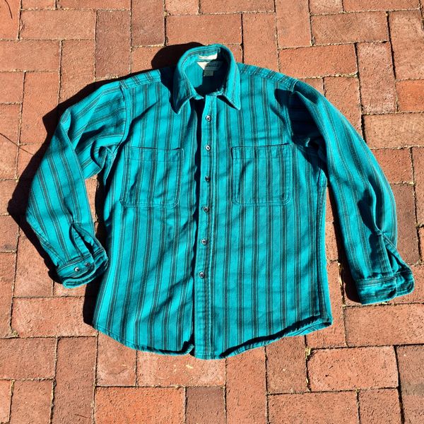 SOLD 1980s VIVID HEAVYWEIGHT COTTON TURQUOISE & BLACK STRIPED BIG MAC RUGGED FLANNEL SHIRT