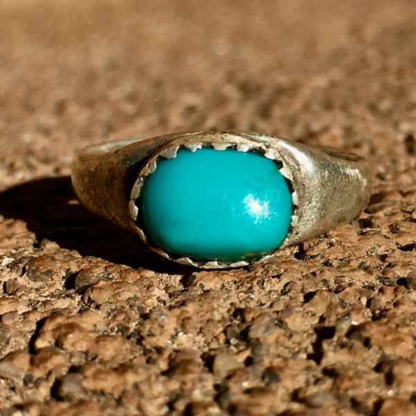 SOLD 1900s HANDCUT BEZEL BRIGHT BLUE TURQUOISE SMALL SILVER INGOT RING
