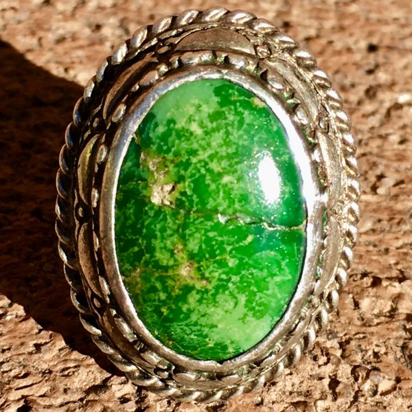 SOLD 1930s NEW MEXICO ZIA SUN & THUNDERBIRD TALL OVAL GREEN TURQUOISE & SILVER RING