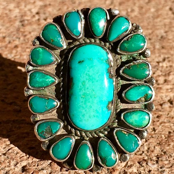 SOLD 1920s 17 TURQUOISE STONES INGOT SILVER RING