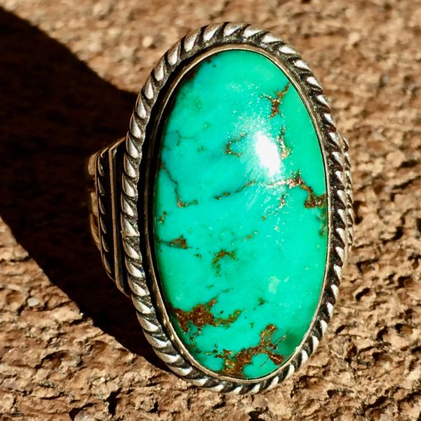 SOLD 1930s OVAL LIGHT GREEN TURQUOISE ROPE BEZEL SILVER RING