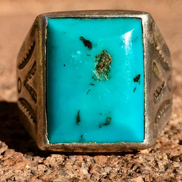 SOLD 1950s BEVELED LIGHT BLUE TURQUOISE SIDE STAMPED SQUARE SILVER RING