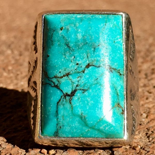 SOLD 1950s BEVELED LIGHT BLUE MORENCI TURQUOISE DOUBLE LONG SIDE STAMPED RECTANGLE SILVER RING