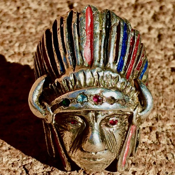 SOLD 1960s EXCEPTIONALLY RARE EASY RIDER ERA BUFFALO HORNS INDIAN CHIEF HEAD & HEADDRESS OF A MEDICINE MAN PAINTED & BEDAZZLED STERLING SILVER MEXICAN BIKER RING