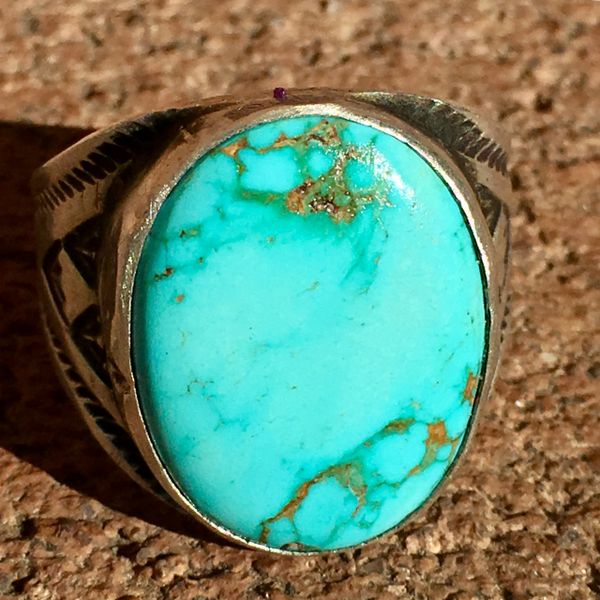 SOLD 1950s SKY BLUE OVAL TURQUOISE SILVER SIDE STAMPED CIGAR BAND RING