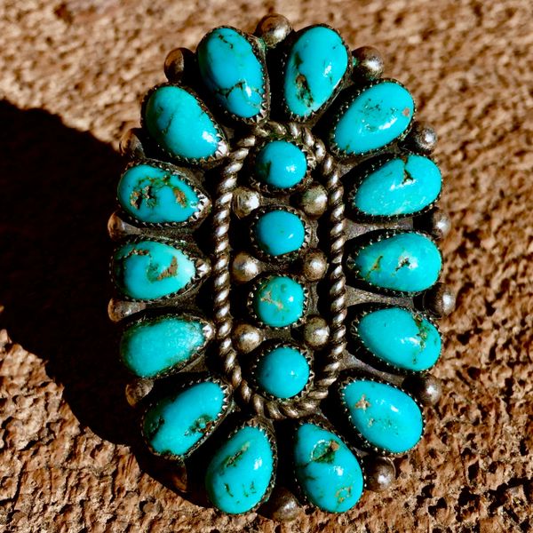 SOLD 1950s VIVID DEEP BLUE 18 STONE TURQUOISE GINORMOUS SILVER FINGER LONG RING