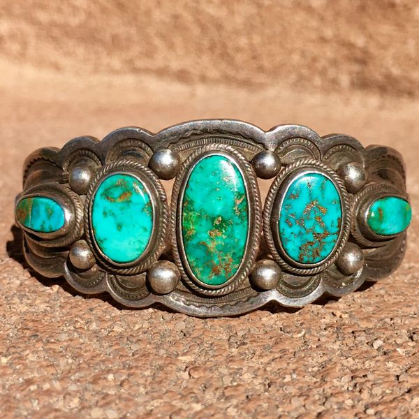 SOLD 1920s BLUE & GREEN OVAL 5 TURQUOISE STONES WIDE STAMPED SPLIT SHANK HEAVY SILVER CUFF BRACELET