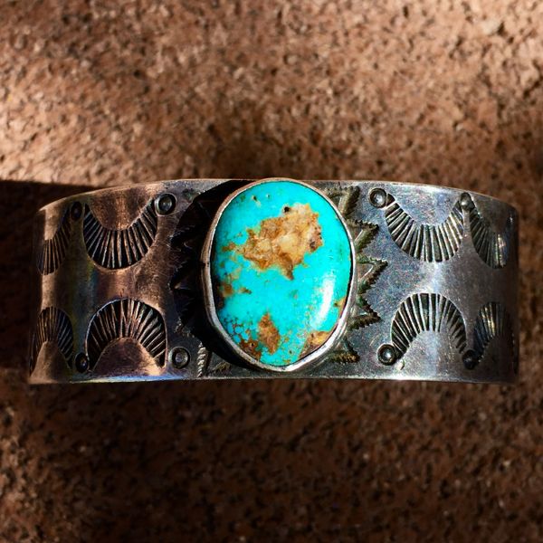 SOLD 1930s BLUE OVAL ROYSTON TURQUOISE STONE SUN STAMPED WIDE SILVER CUFF BRACELET