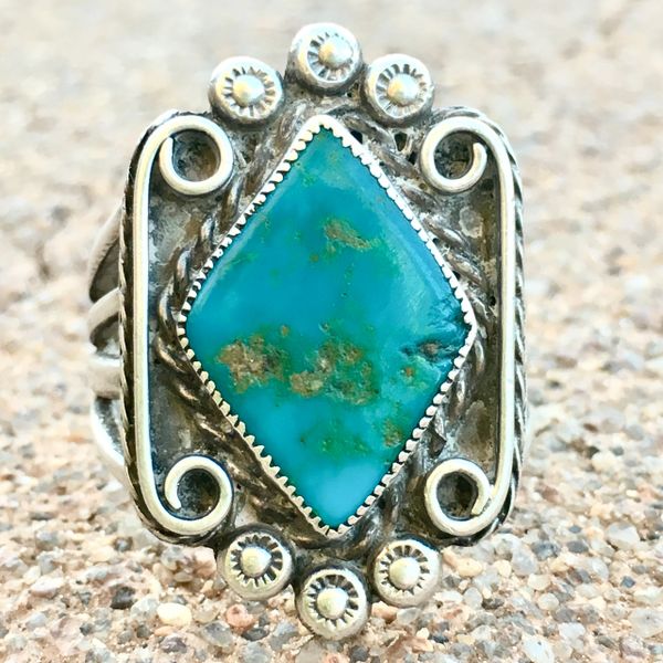 SOLD 1920s BLUE GEM DIAMOND TURQUOISE STONE PEYOTE BUTTON STAMPED THICK INGOT SILVER RING