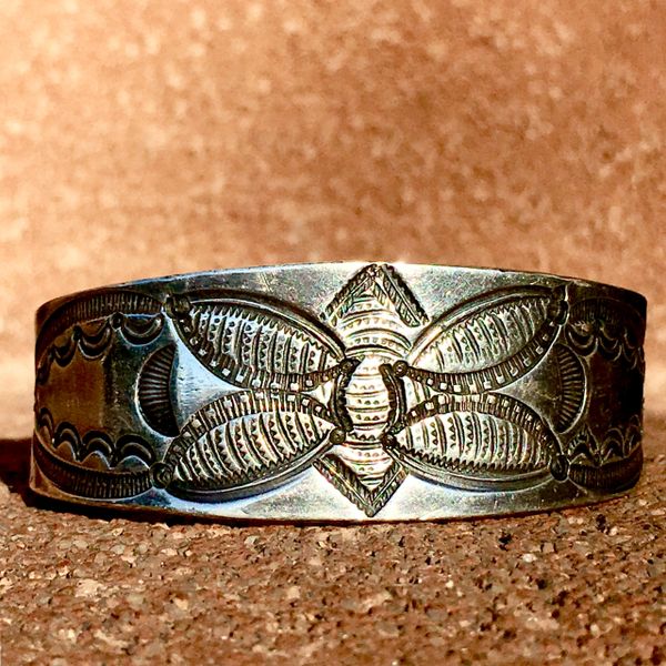 SOLD 1930s BUTTERFLY GEOMETRIC STAMPED THICK, WIDE & HEAVY SILVER CUFF BRACELET