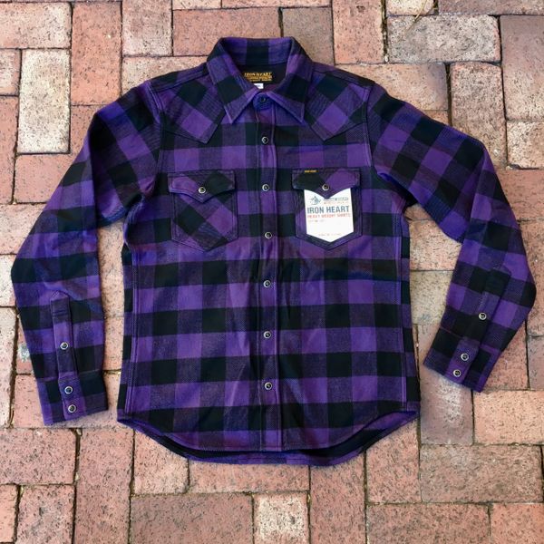 SOLD IRON HEART JAPAN FLANNEL PURLE BUFFALO PLAID WESTERN SNAP SHIRT