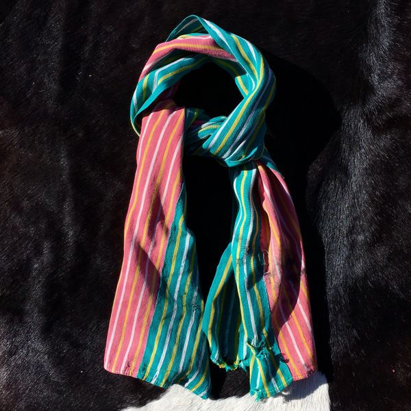 1800s KOBA TRIBAL AFRICAN SLIM GREEN, PINK & YELLOW STRIPED SCARF