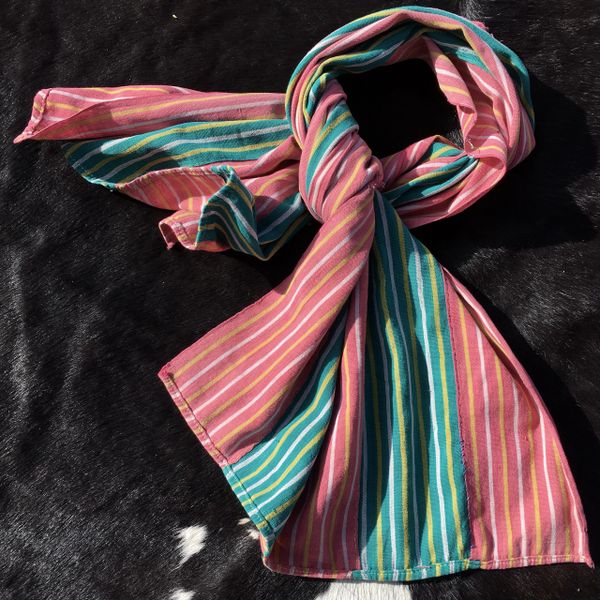 1800s KOBA TRIBAL AFRICAN WIDE GREEN, PINK & YELLOW STRIPED SCARF