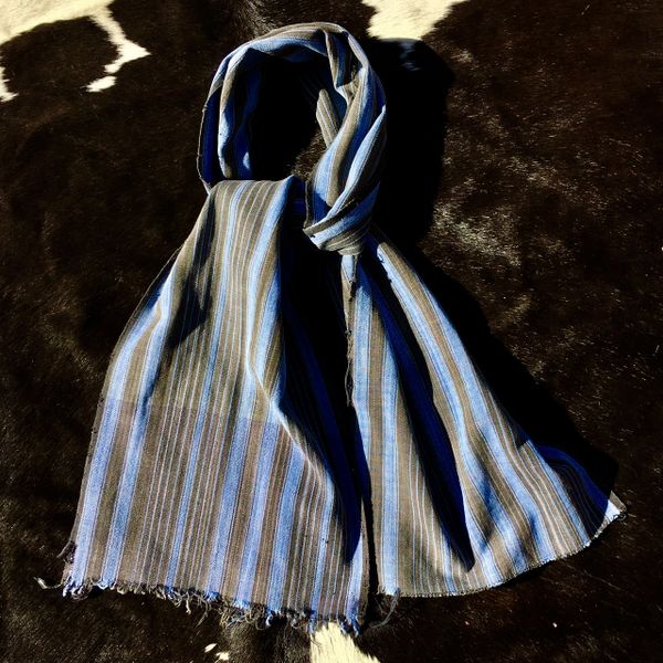 SOLD 1800s KOBA TRIBAL AFRICAN SLIM GREY, BROWN & SKY BLUE STRIPED SCARF