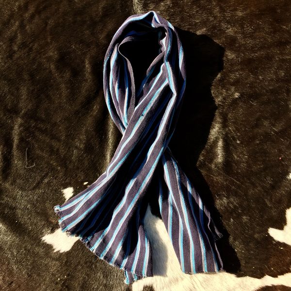 1800s KOBA TRIBAL AFRICAN SKY BLUE, INNDIGO & GREY STRIPED SCARF