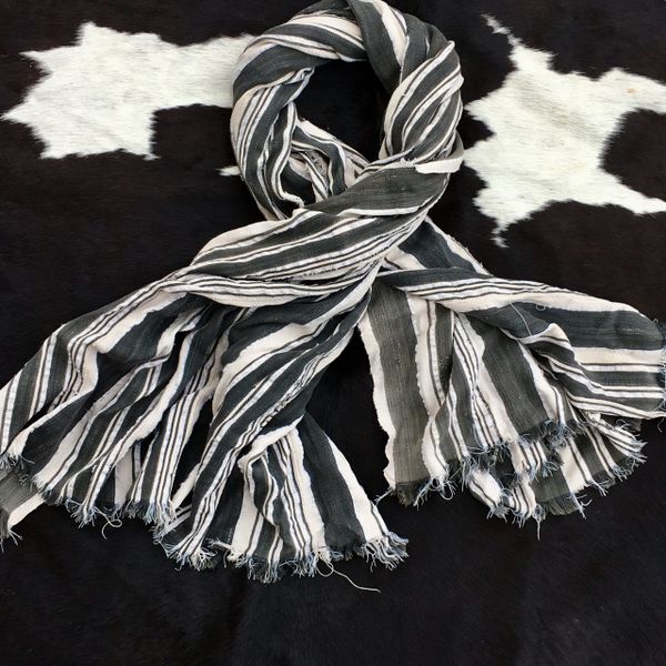 SOLD 1800s THIN SOFT BLACK & WHITE, STRIPED BAMANA TRIBE IN MALI SHAWL SCARF