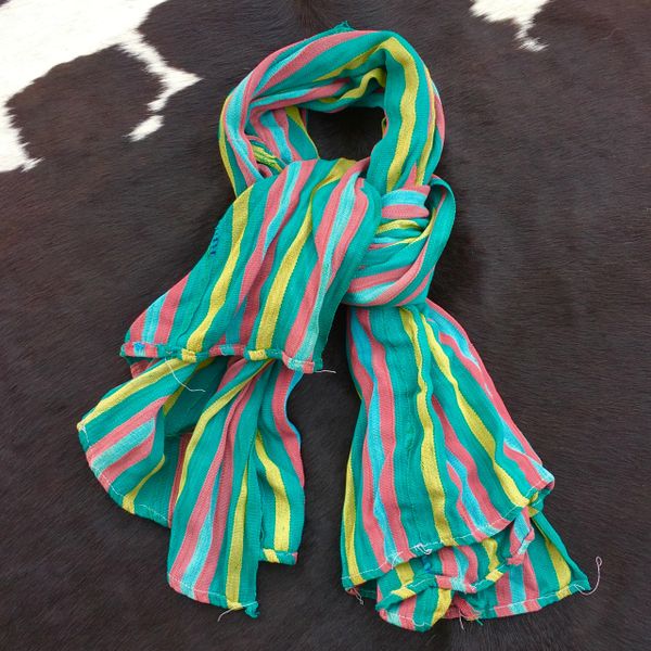 1800S THIN SOFT BLUE, PINK, YELLOW & GREEN, STRIPED BAMANA TRIBE IN MALI SHAWL SCARF