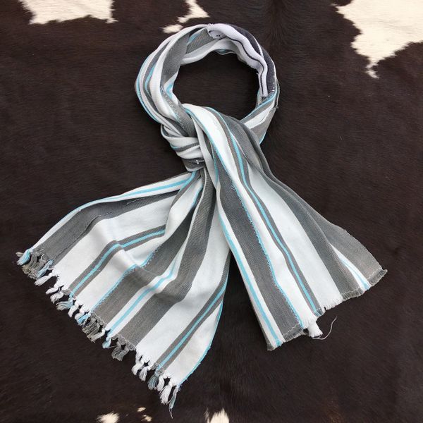 1800s PATCHED WHITE, SKY BLUE, GREY STRIPED KOBA TRIBE IN MALI SCARF