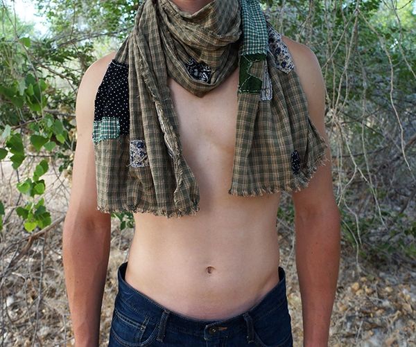 SOLD PATCHWORK BORO TAN AND GREEN SCARF