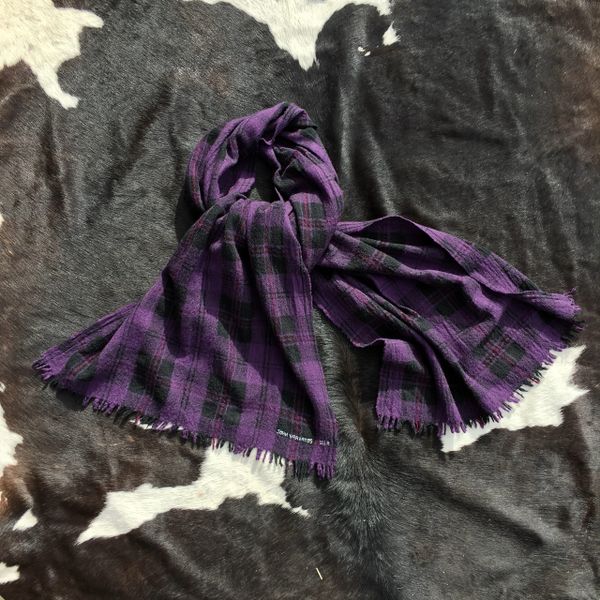 SOLD GAUZEY BLACK & PURPLE PLAID WOOL BIG JOHN VARVATOS SCARF