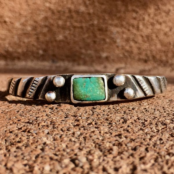 SOLD 1900s CHISELED & FILED INGOT SILVER & RECTANGLE GREEN TURQUOISE CUFF BRACELET