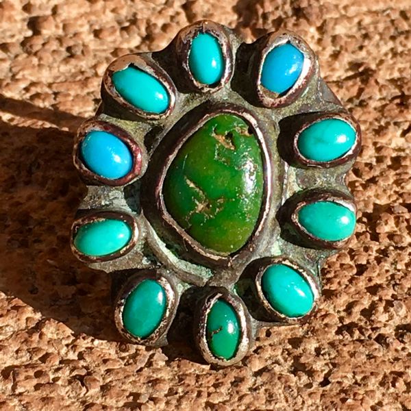 SOLD 1920s INGOT SILVER 11 BLUE & GREEN TURQUOISE STONE RING