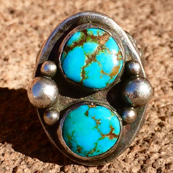 SOLD 1950s INGOT SILVER & 2 ROUND BLUE TURQUOISE STONE RING