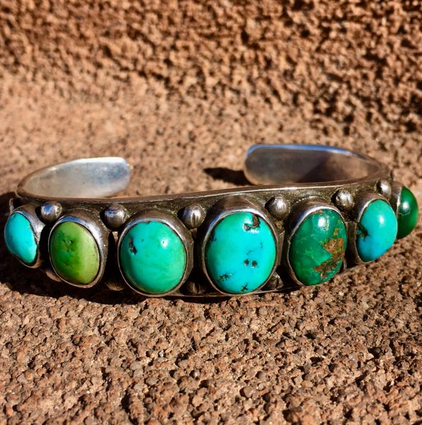 SOLD 1910s INGOT SILVER 7 BLUE & GREEN TURQUOISE STONE SPLIT SHANK CUFF BRACELET