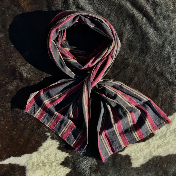 SOLD LONG & WIDE COTTON REDDISH PURPLE, PALE GREEN, BUTTER YELLOW & BLACK STRIPED ASCOT SCARF