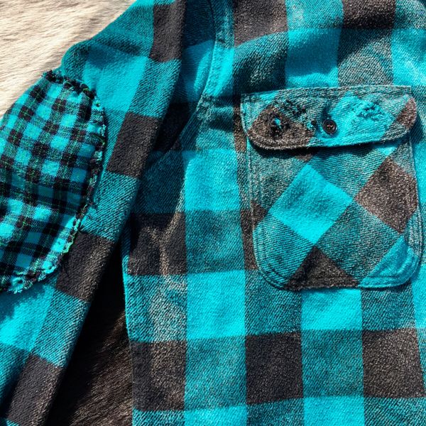 SOLD 100 YEAR OLD BUTTONS ON DISTRESSED & FADED NEON BLUE & BLACK FLANNEL PLAID SHIRT JACKET WITH ELBOW PATCHES