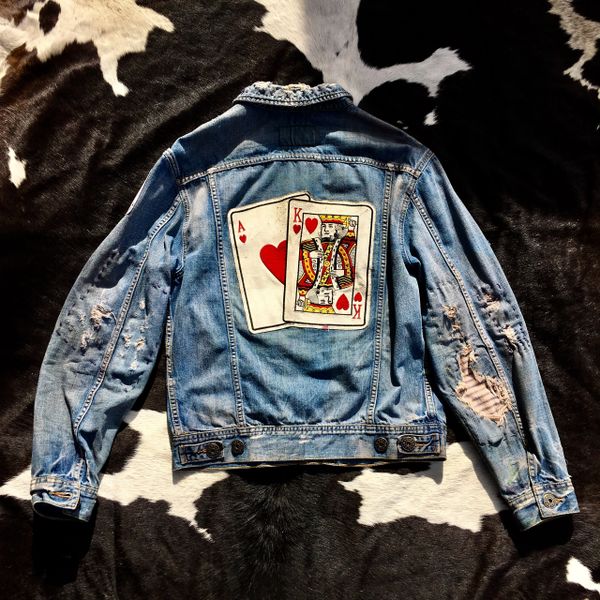 SOLD TICKING, INDIGO CALICO, PURPLE POLKA DOT & BLACK PLAID PATCHED SHASHIKO BORO SUICIDE KINGS POKER DESTROYED & REPAIRED DENIM JACKET