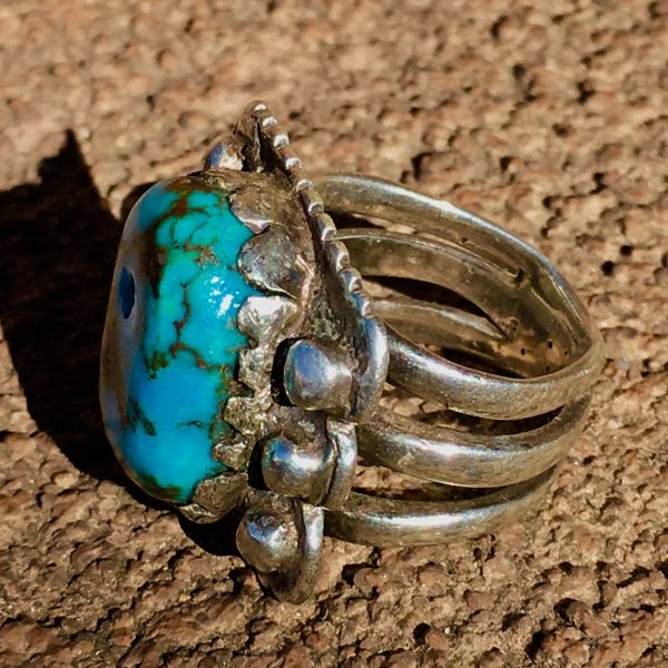 SOLD 1900s BEYOND RARE, INGOT SILVER SPLIT SHANK RING WITH REPLACED AGE APPROPRIATE NUMBER 8 TURQUOISE PUMP DRILLED TAB BEAD