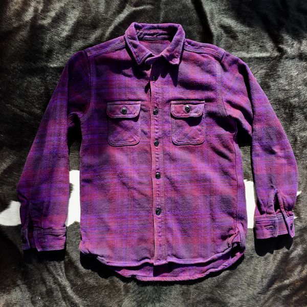 SOLD HIGH-END SUGARCANE GUSSETED, NECK STRAP, TRIPLE STITICHED OVERDYED PURPLE PLAID THICK COTTON FLANNEL SHIRT JACKET