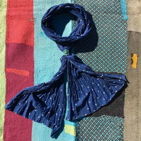 SOLD LONG NARROW COTTON HAND-SEWN TOGETHER HALF HEMMED POLKA DOT INDIGO BANDANNA SCARF