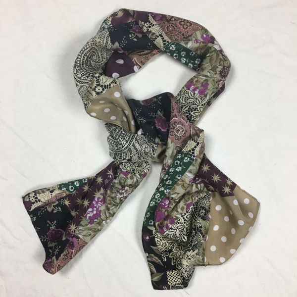 PURPLE FLORAL PATCHWORK PATTERNED CONTEMPORARY SILK SCARF