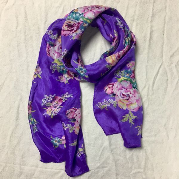 1980s SILK JAPANESE PURPLE SCARF WITH PINK ROSES