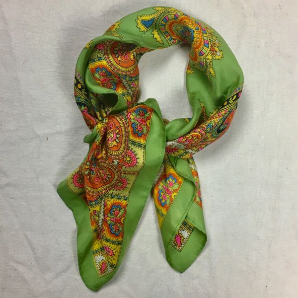 SOLD 1970s PSYCHEDELIC GREEN & ORANGE BIG SILK BANDANNA SCARF