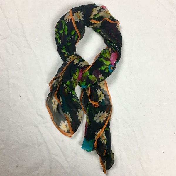 1980s UNGARO BLACK FLORAL TRANSLUCENT SILK BLACK FLORAL SCARF