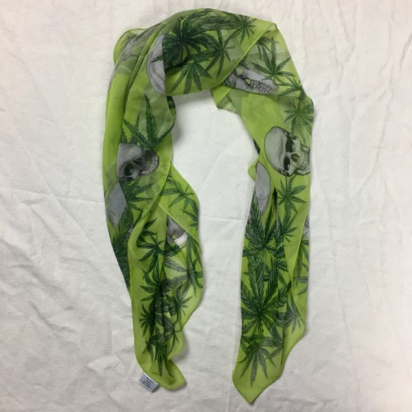 POT LEAVES & SKULLS TRANSLUCENT SILK JUMBO CONTEMPORARY BANDANNA SCARF