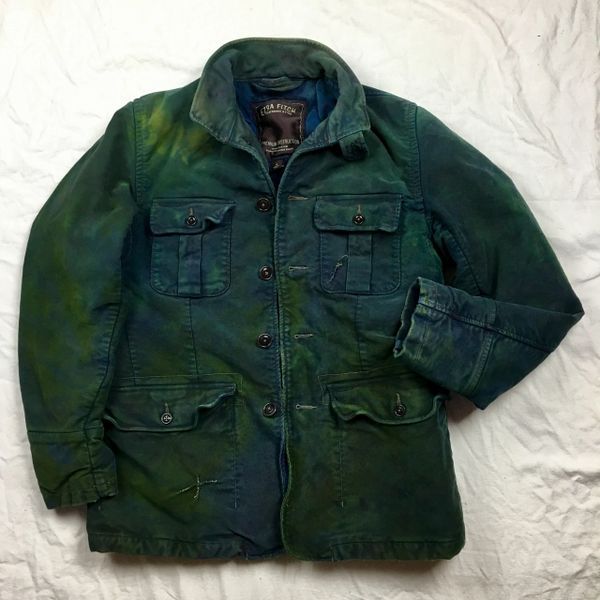 SOLD EZRA FITCH X JASON POLLAK PLUSH 100% COTTON MOLESKINE HEAVY PLUSH WINTER SAFARI COAT IN INDIGO & HERB