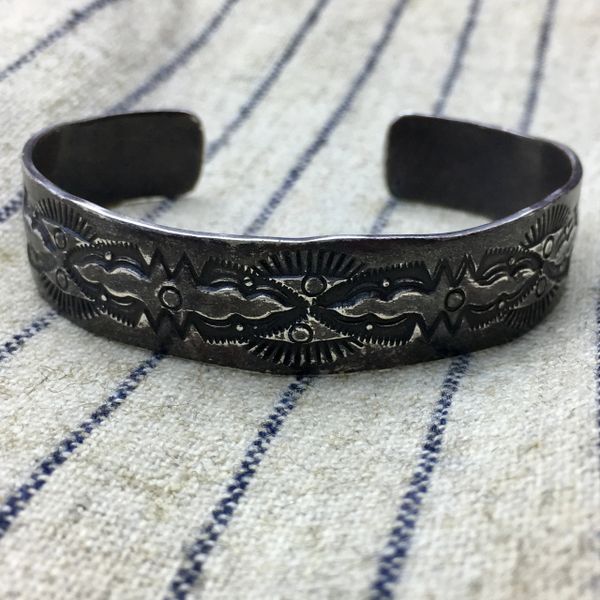 SOLD 1930s INGOT STERLING SILVER ELABORATELY STAMPED CUFF