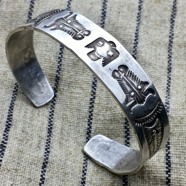 SOLD 1910s LEAVES, THUNDERBIRD LOGOS, BULLS, EXCEPTIONALLY RARE PROVABLE FRED HARVEY INGOT SILVER BIG WRIST CUFF BRACELET