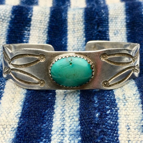 SOLD 1910s INGOT SILVER THUNDERBIRDS WHIRLING LOGS OVAL BLUE GREEN TURQUOISE CUFF BRACELET BIG WRIST