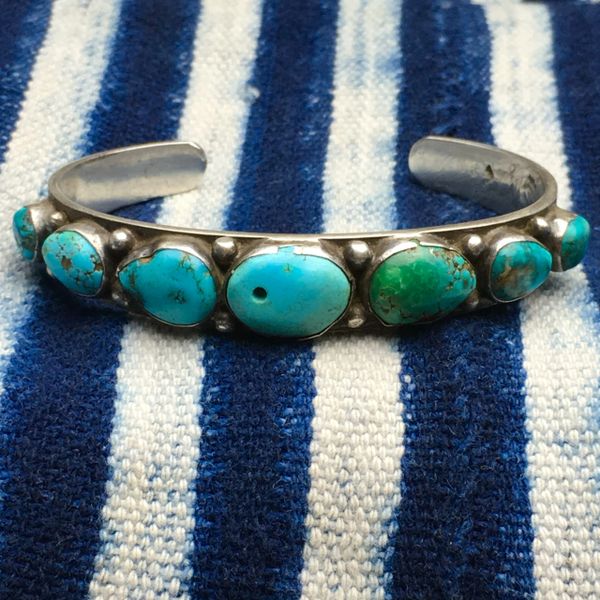 SOLD 1910s (BEZEL IS FIXED NOW) INGOT SILVER ROW CUFF BLUE & GREEN TURQUOISE EARLY FILE STAMP